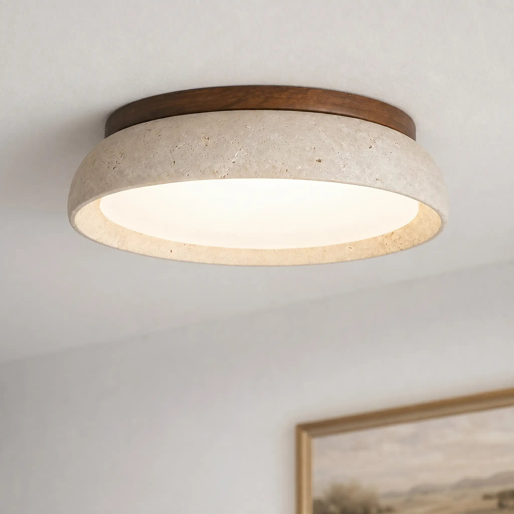 Travertiinikattovalaisin — puuyksityiskohta, LED 3000K, Ø30 cm
