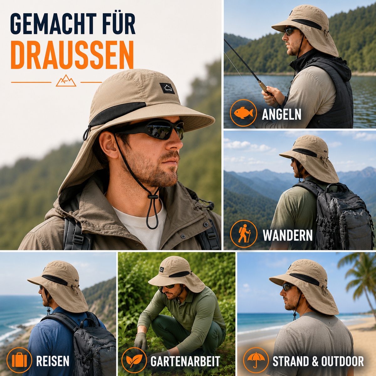 UV-beständiger Hut mit breiter Krempe — Abnehmbarer Nackenschutz
