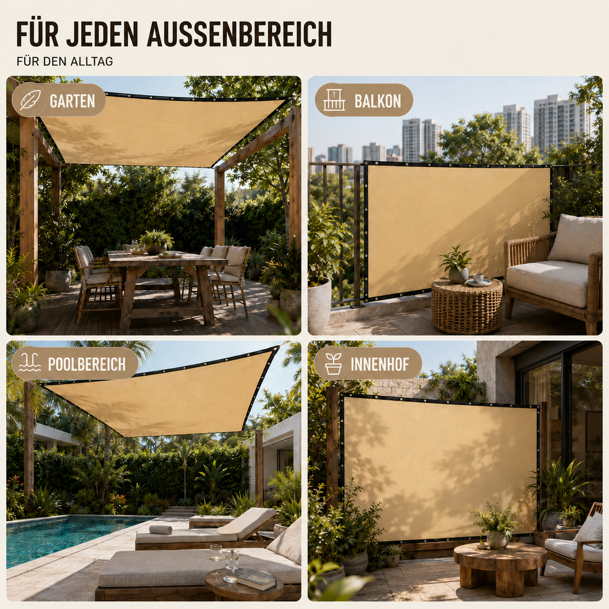 Rechteckiges UV-Sonnensegel — Verstärkte Kanten, Ösen