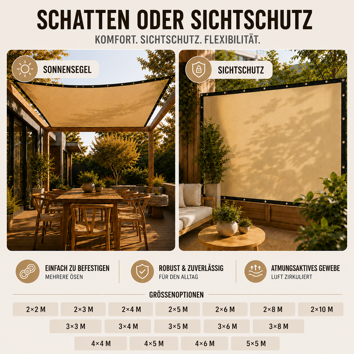 Rechteckiges UV-Sonnensegel — Verstärkte Kanten, Ösen