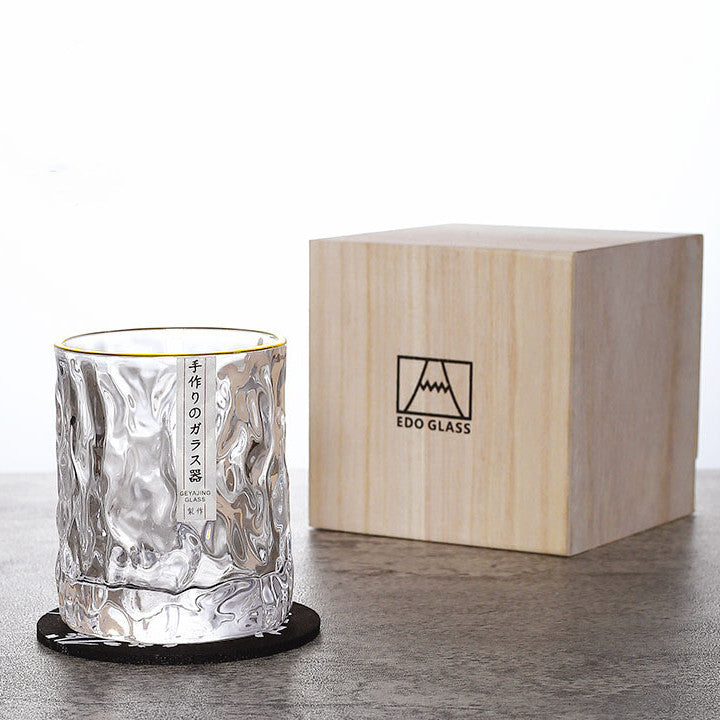 300 ml gennemsigtigt geometrisk whiskyglas + gaveæske og glasbrik