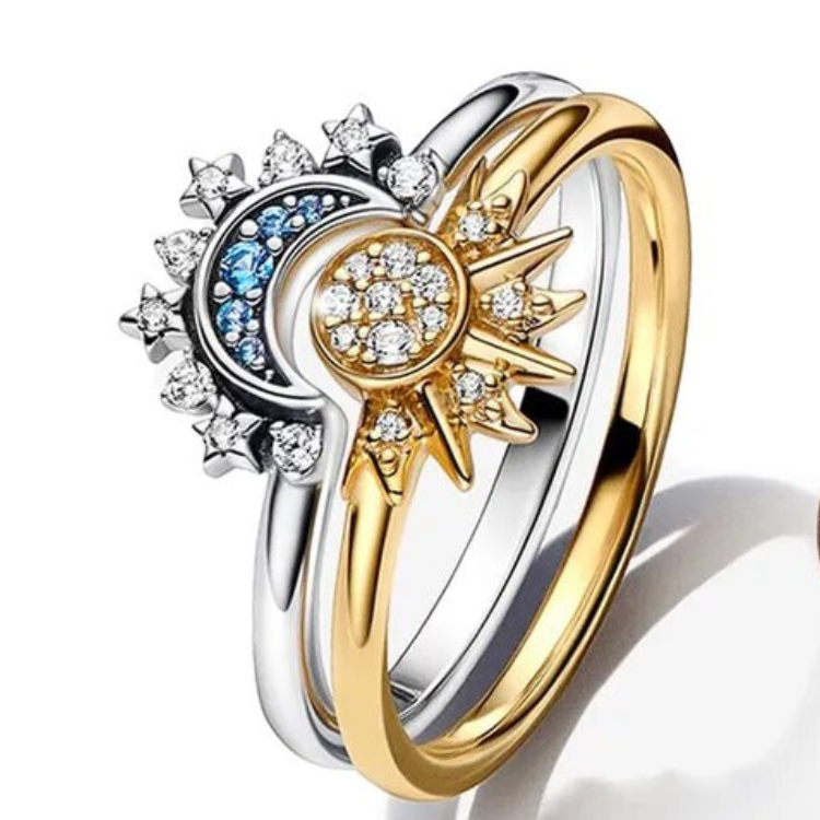 Ringenset met zon en maan — 925 zilver, kristal, verstelbare ringen