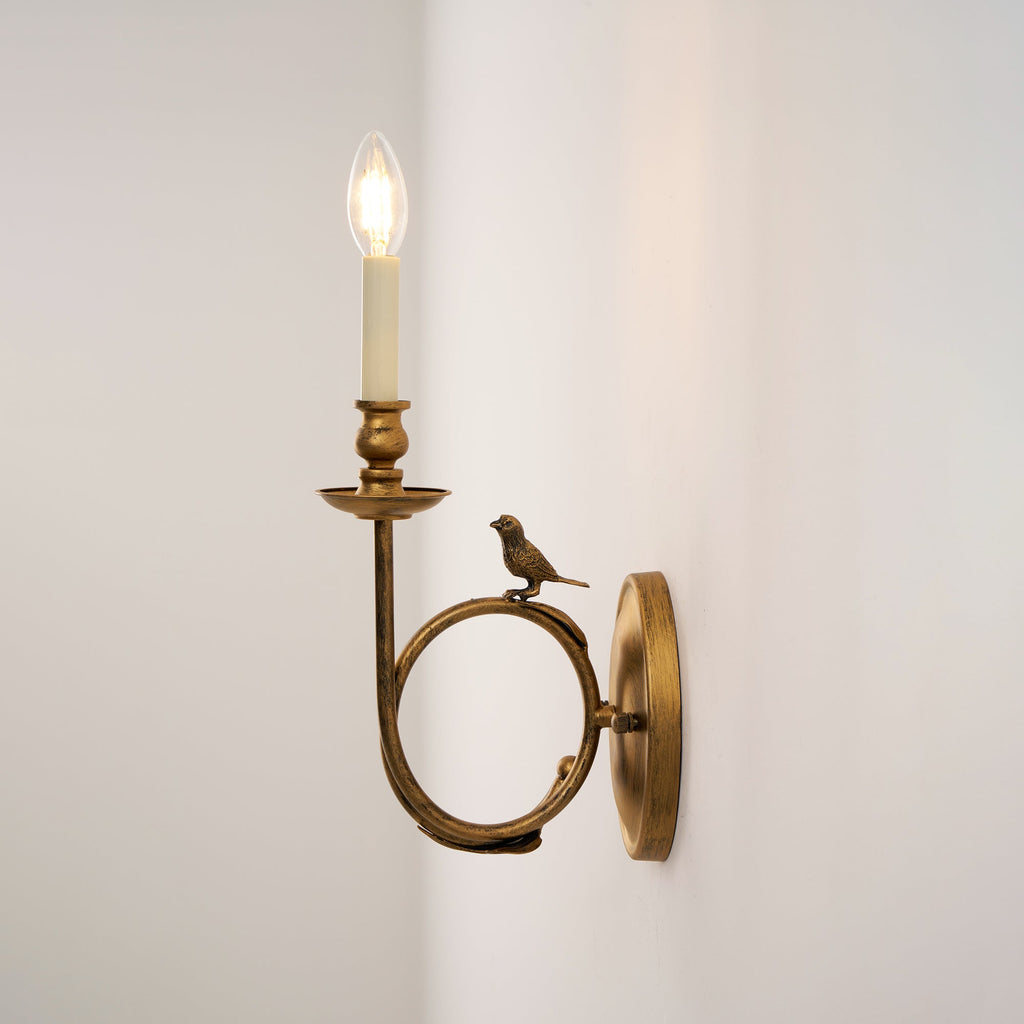 Lampă de perete vintage cu ramură și păsări — alamă antichizată, E14