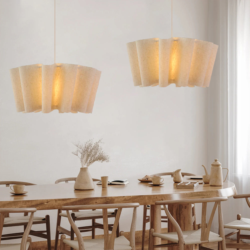 Sculptural Pleated Pendant Light — Soft Fabric Shade, Diffused Warm Glow, Textured Ceiling Fixture