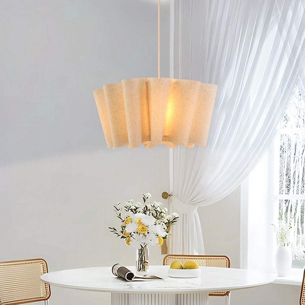 Sculptural Pleated Pendant Light — Soft Fabric Shade, Diffused Warm Glow, Textured Ceiling Fixture