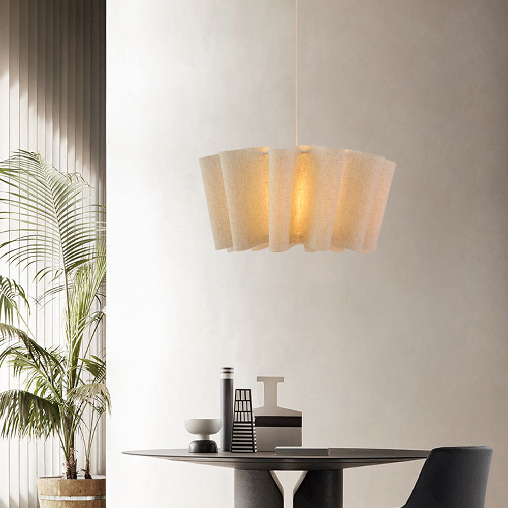 Sculptural Pleated Pendant Light — Soft Fabric Shade, Diffused Warm Glow, Textured Ceiling Fixture