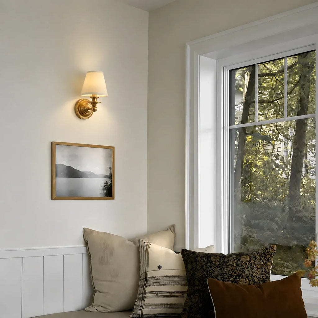 Vintage Wall Lamp — Linen Shade, Brass Fixture