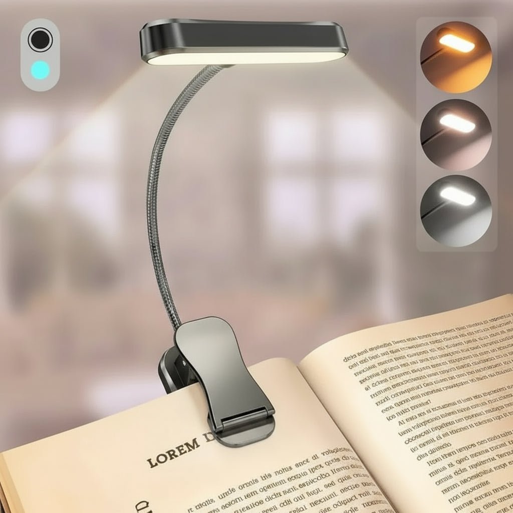 Lampada da lettura LED flessibile NovaLux — Ricarica USB, bracci regolabili, tre modalità di colore
