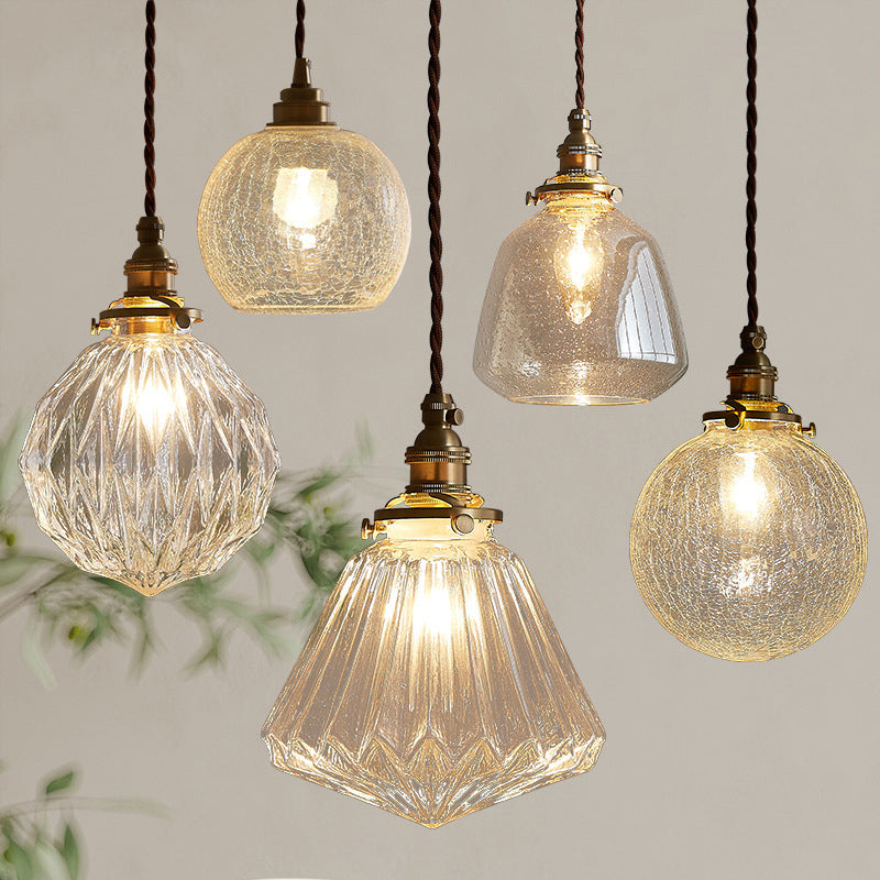 Szklana lampa wisząca z kryształowym kloszem - skandynawska retro, E27 LED