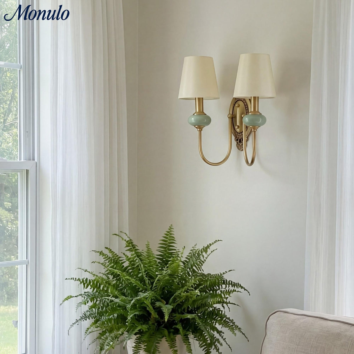 Keramische wandlamp met stoffen kap, 1 of 2 E27-lampen