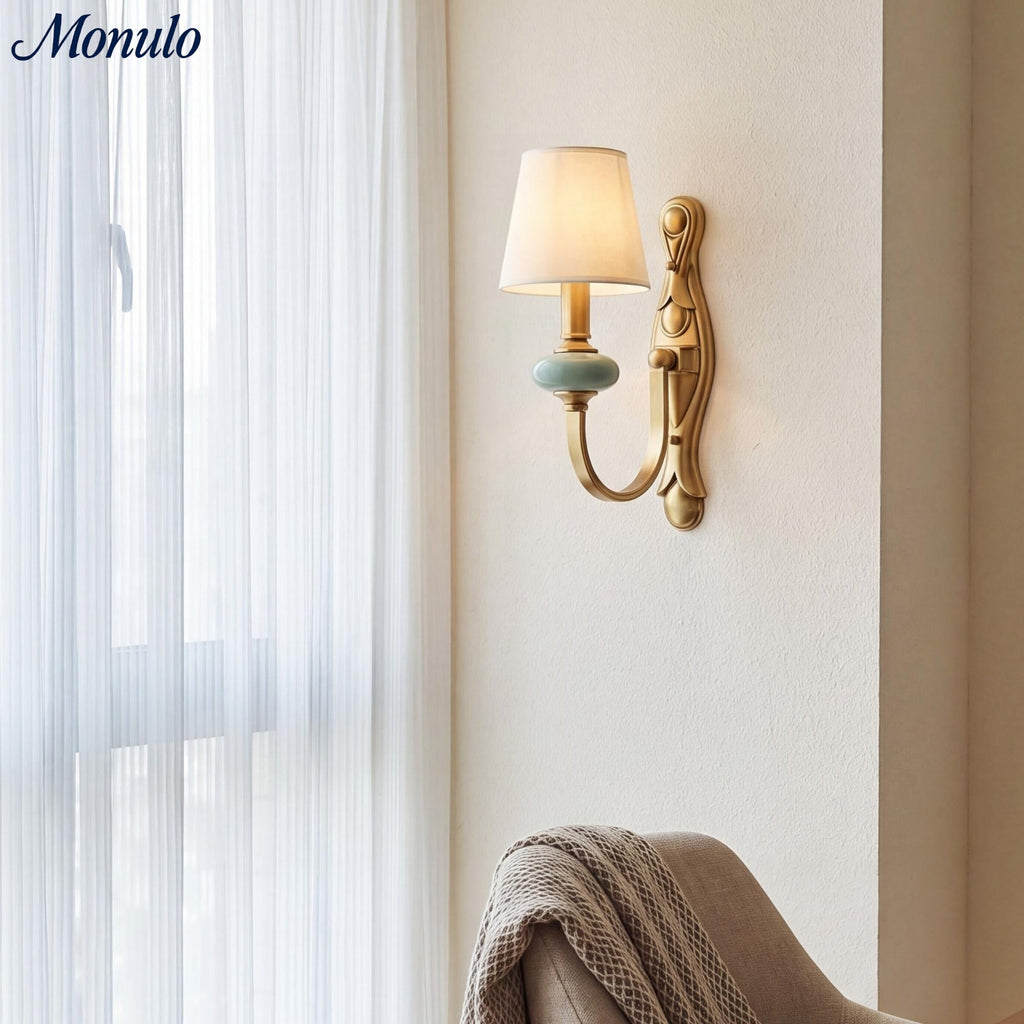 Keramische wandlamp met stoffen kap, 1 of 2 E27-lampen