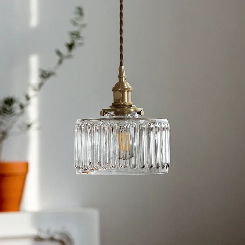 Gerippte Glas-Pendelleuchte - Kupfer, transparentes Grau, E27