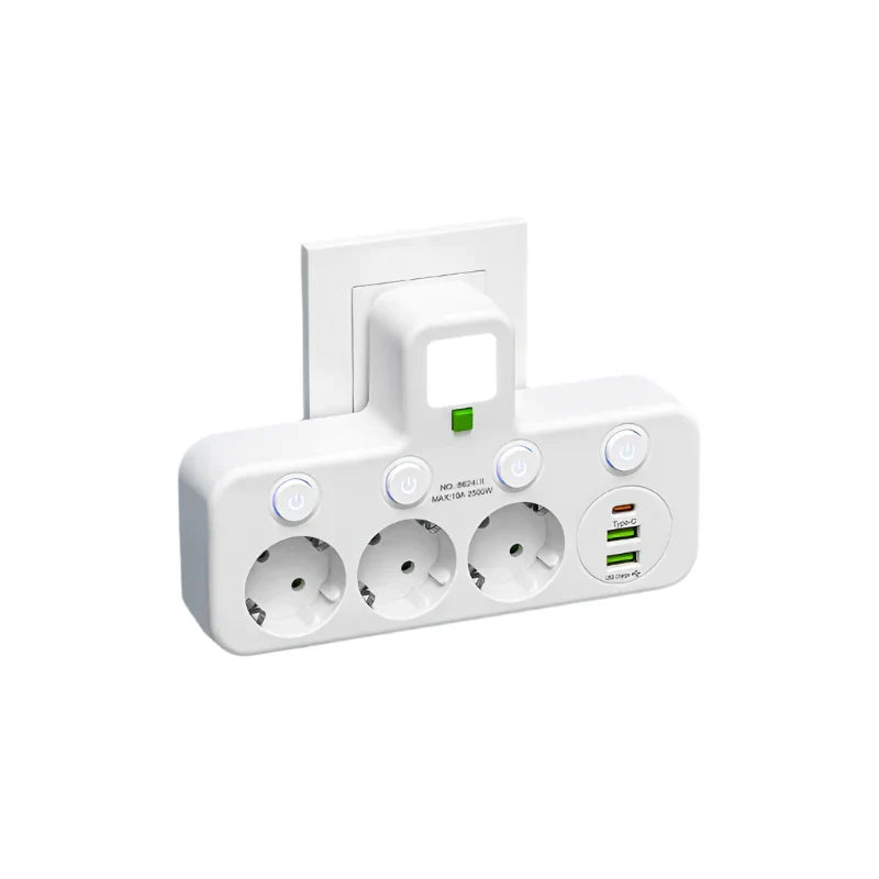 מפצל חשמל עם שקעים מרובים — USB, USB-C, מתג והגנה מפני נחשולי מתח