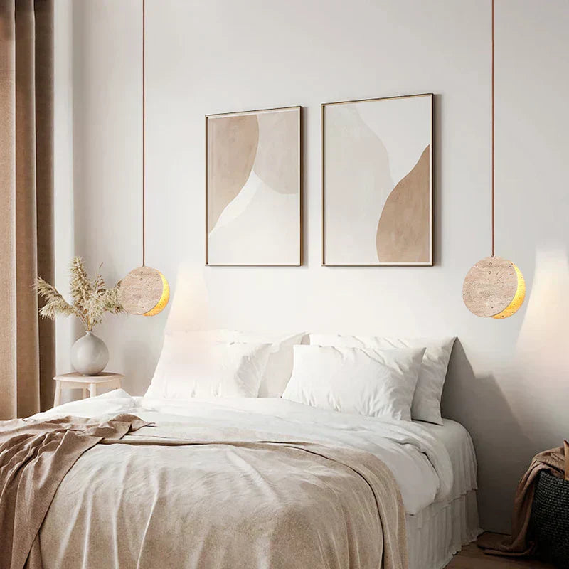 Kirena Pendant Lamp — Travertine Ceiling Fixture, Crystal Cylinders