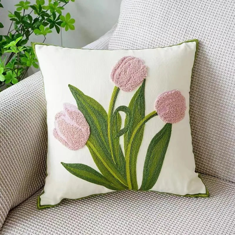 Kissenbezug aus Baumwoll-Canvas, 45x45cm — Weiße Blumenstickerei
