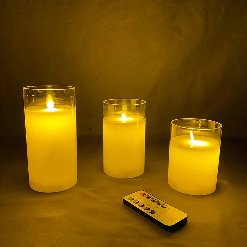 Set med 3 flamlösa LED-ljus – timer, fjärrkontroll, realistiskt flimmer