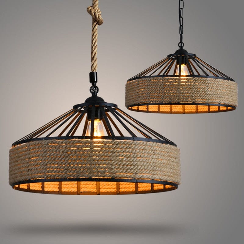 Ropehaven Vintage Pendant Light — Distressed Metal Shade, Hemp Rope Detail