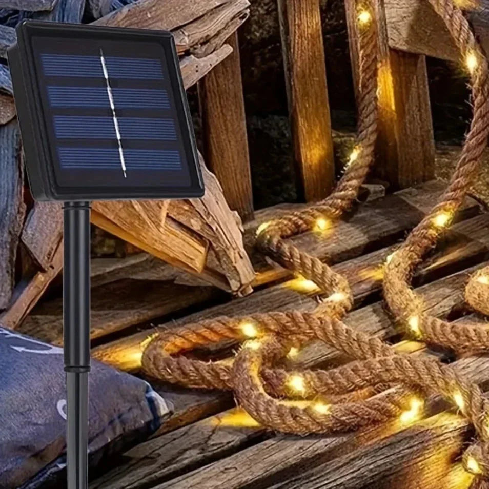 Solar-Lichterkette aus Hanfseil — 5 Meter, warmes LED-Licht
