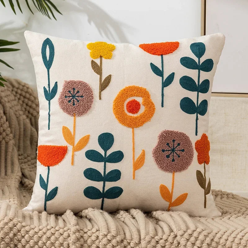 Kissenbezug aus Baumwoll-Canvas, 45x45cm — Weiße Blumenstickerei