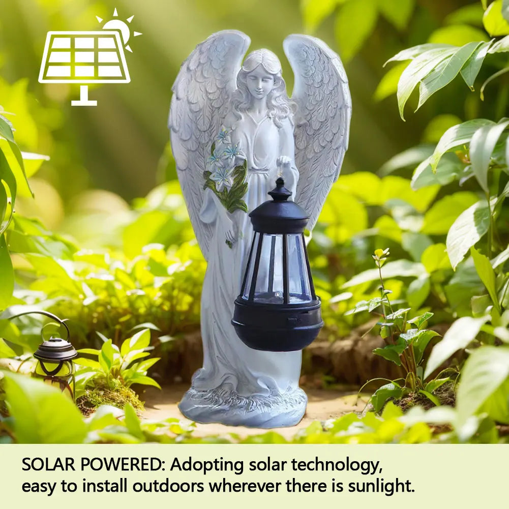 Anioł ogrodowy 31 cm — solarna latarnia LED, biała żywica, wodoodporna