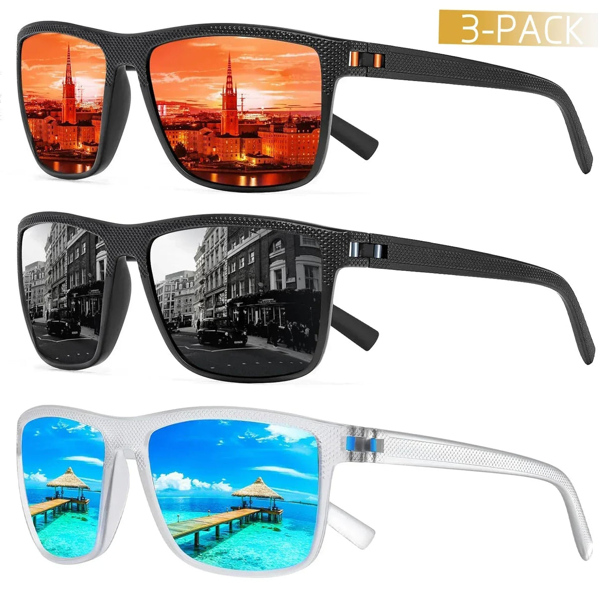 Lot de 3 lunettes de soleil polarisées — UV400, montures légères