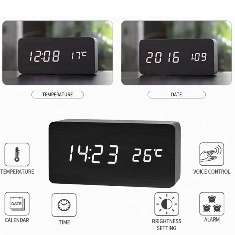 LED-Wecker in Holzoptik — Temperatur, USB, 3 Alarme