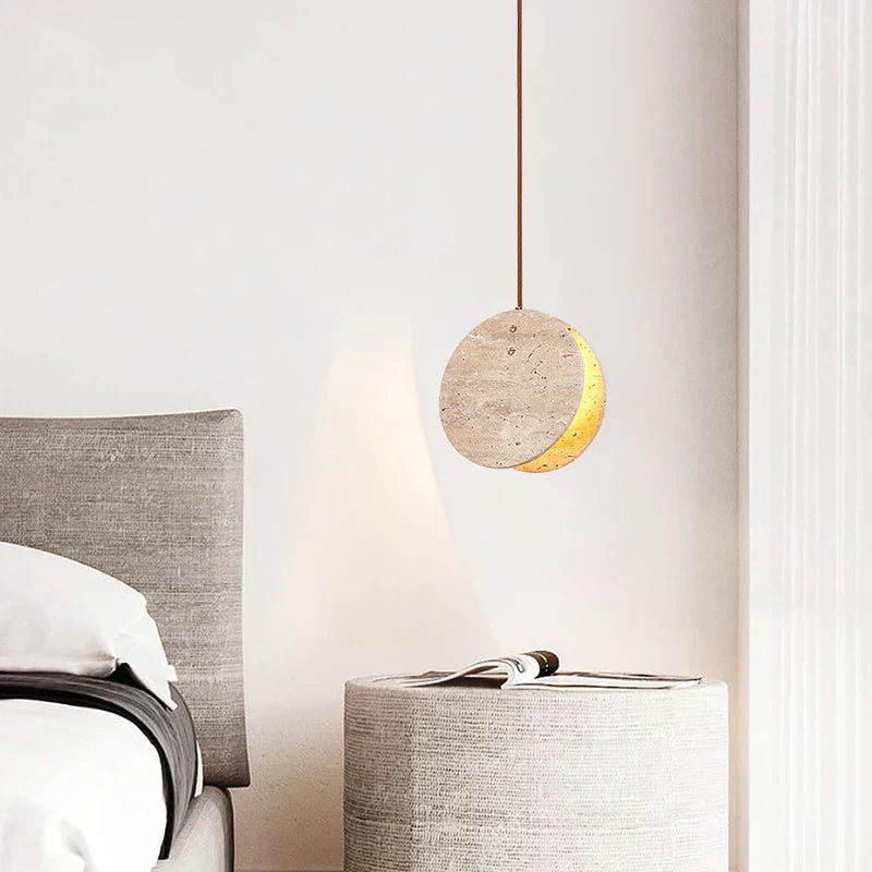 Kirena Pendant Lamp — Travertine Ceiling Fixture, Crystal Cylinders