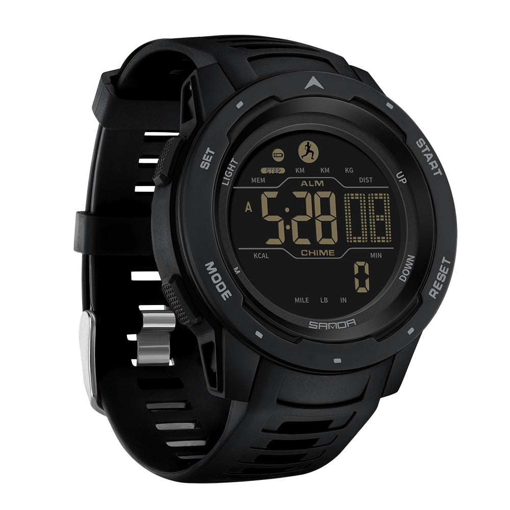 Cyfrowy zegarek sportowy — krokomierz, wodoodporność, 5 barów
