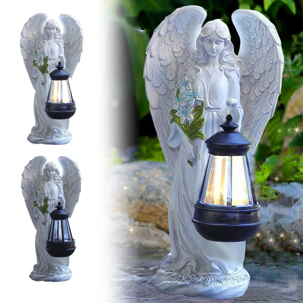 Anioł ogrodowy 31 cm — solarna latarnia LED, biała żywica, wodoodporna