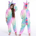 Salopetă-pijama pentru copii cu unicorn — pijama cu glugă curcubeu din fleece