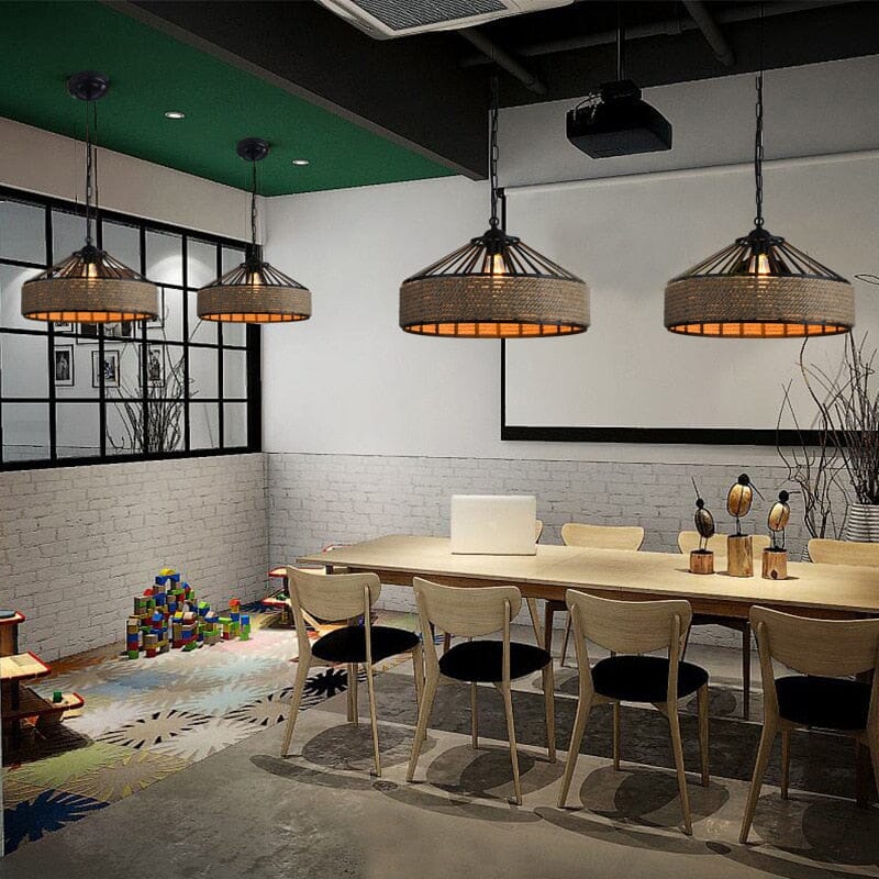 Ropehaven Vintage Pendant Light — Distressed Metal Shade, Hemp Rope Detail