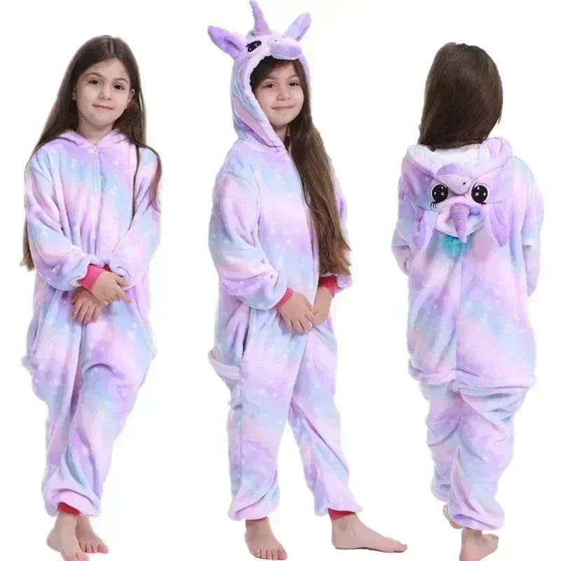Salopetă-pijama pentru copii cu unicorn — pijama cu glugă curcubeu din fleece