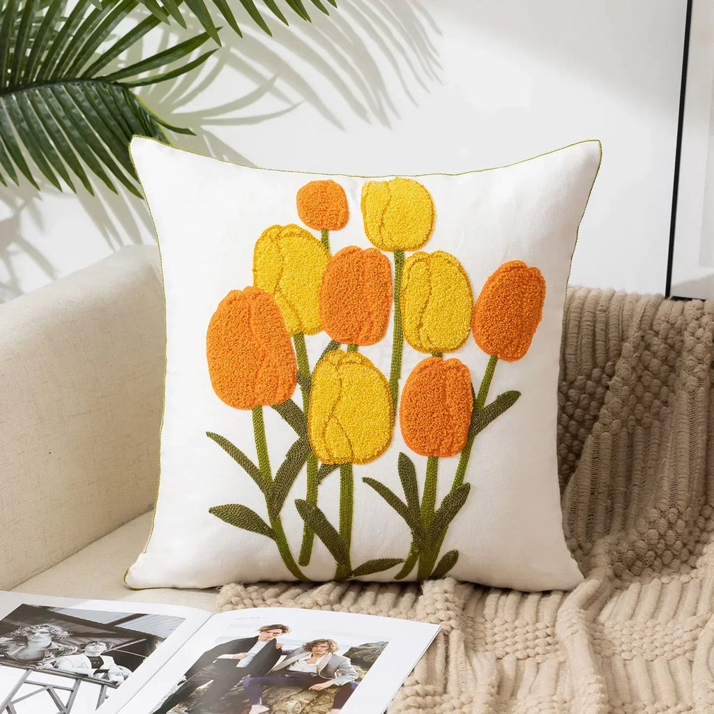 Kissenbezug aus Baumwoll-Canvas, 45x45cm — Weiße Blumenstickerei