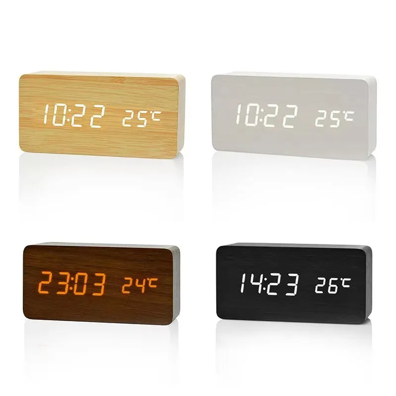 LED-Wecker in Holzoptik — Temperatur, USB, 3 Alarme