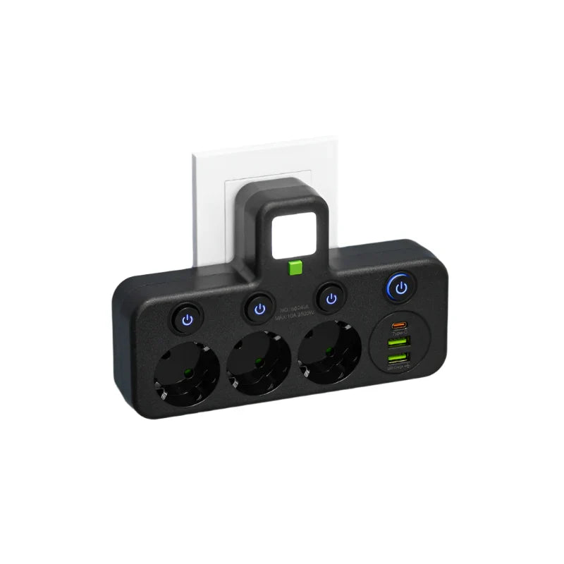 מפצל חשמל עם שקעים מרובים — USB, USB-C, מתג והגנה מפני נחשולי מתח