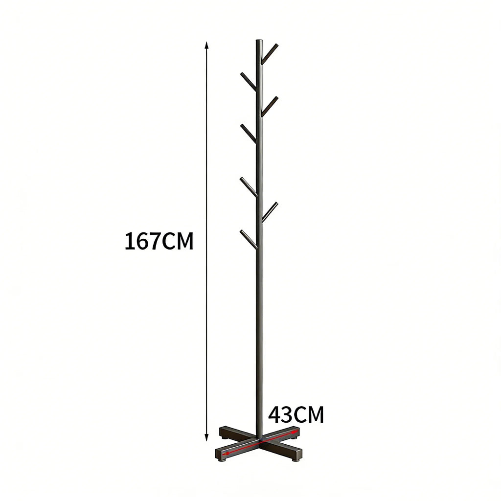 Schwarze Garderobe aus Metall, 167cm, 8 Haken, stabiler Standfuß