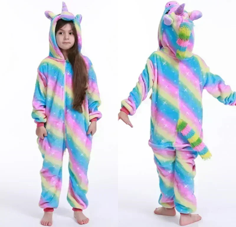 Salopetă-pijama pentru copii cu unicorn — pijama cu glugă curcubeu din fleece