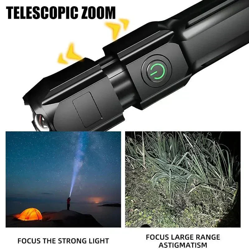 BrightPulse LED svítilna — 100 000 lumenů, dobíjení přes USB, zoom, voděodolná