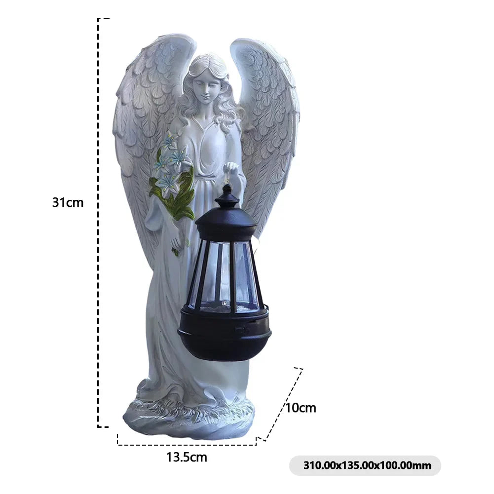 Anioł ogrodowy 31 cm — solarna latarnia LED, biała żywica, wodoodporna