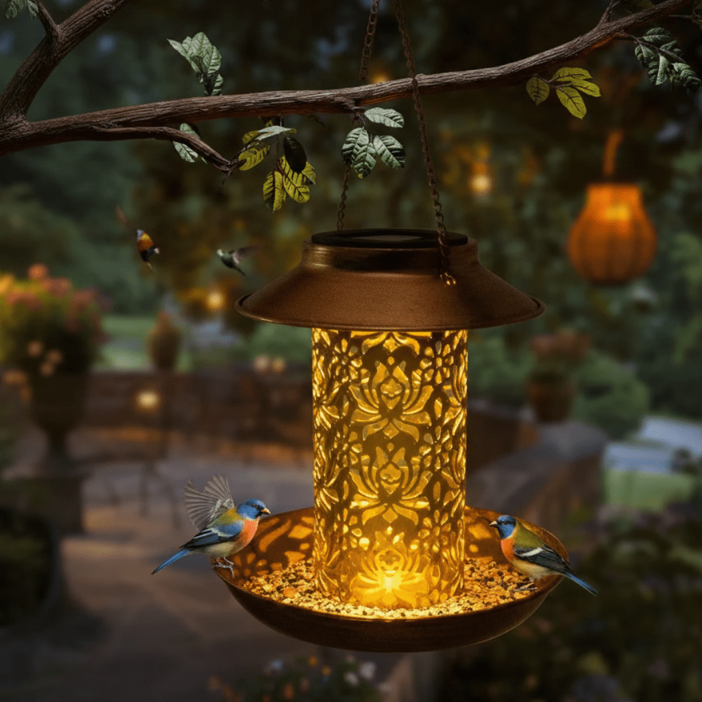 SolaraGlow Solar LED Bird Feeder Station — Automatic Day Charging, Warm White Glow