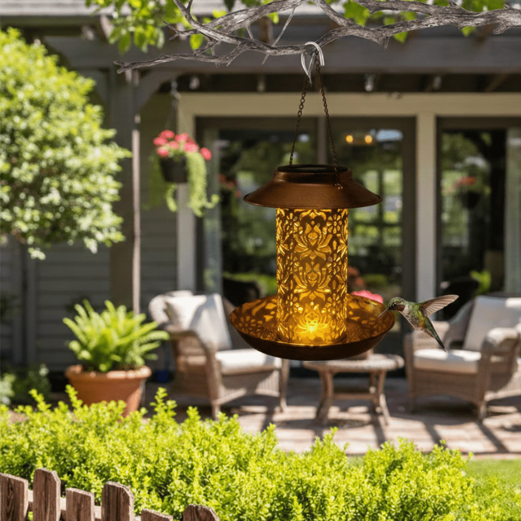 SolaraGlow Solar LED Bird Feeder Station — Automatic Day Charging, Warm White Glow