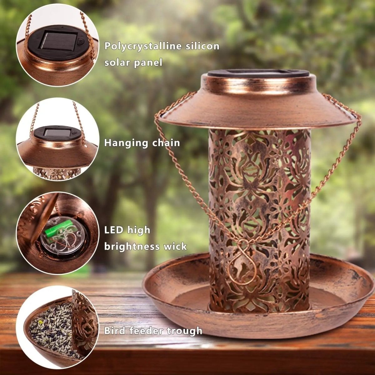SolaraGlow Solar LED Bird Feeder Station — Automatic Day Charging, Warm White Glow