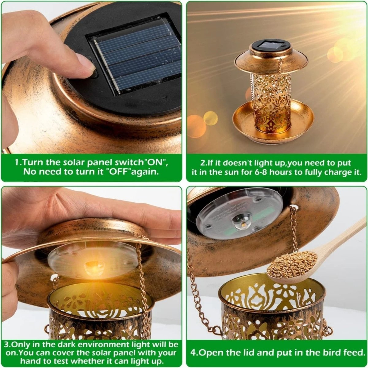 SolaraGlow Solar LED Bird Feeder Station — Automatic Day Charging, Warm White Glow