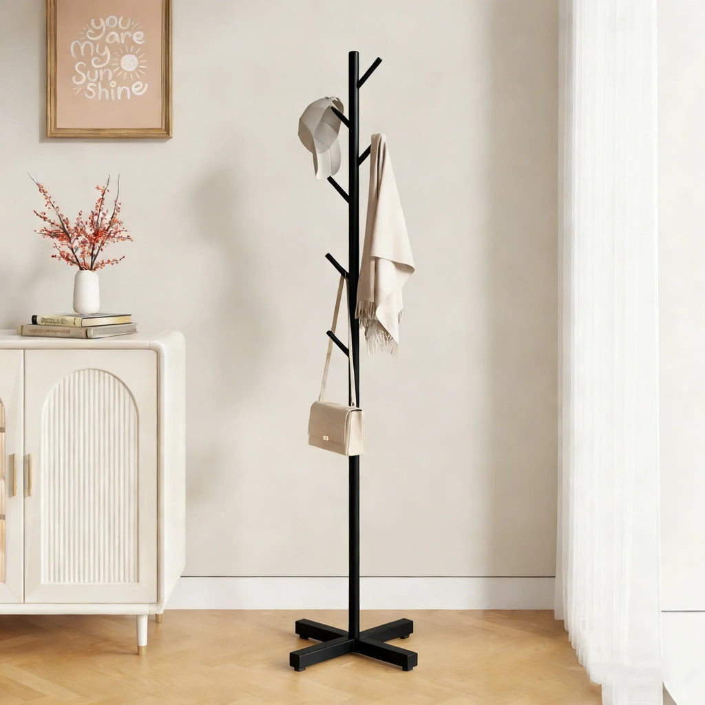 Schwarze Garderobe aus Metall, 167cm, 8 Haken, stabiler Standfuß