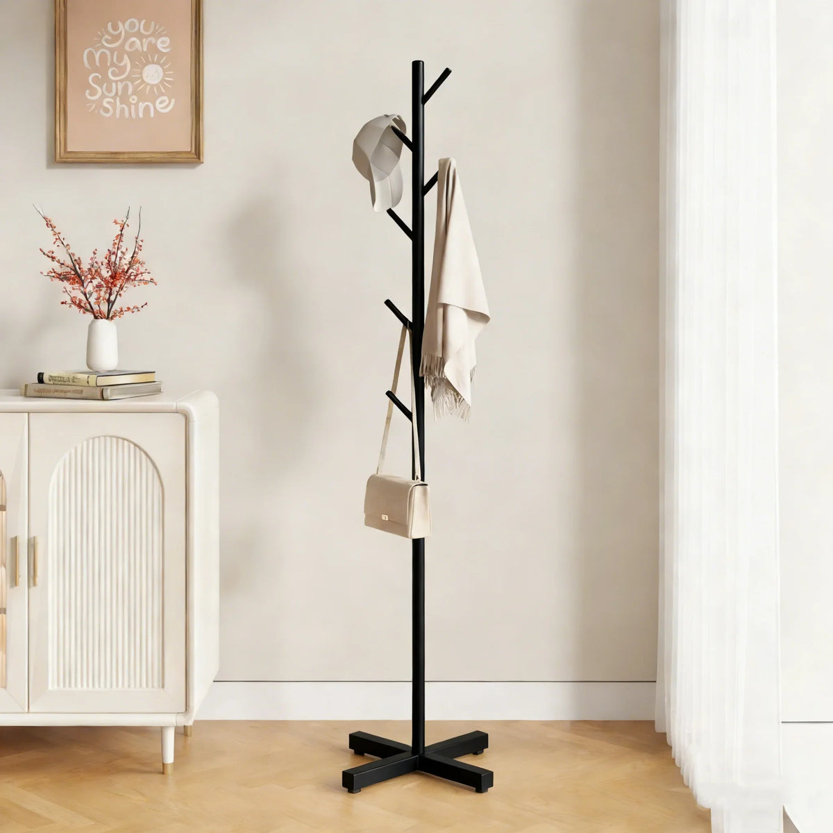 Schwarze Garderobe aus Metall, 167cm, 8 Haken, stabiler Standfuß