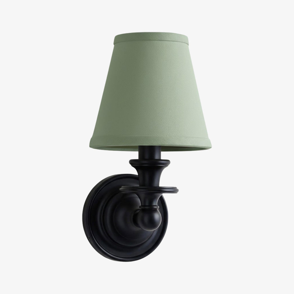 Vägglampa i smidesjärn — tygskärm, svanhalsarm