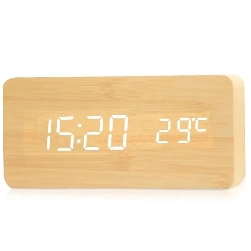 LED-Wecker in Holzoptik — Temperatur, USB, 3 Alarme