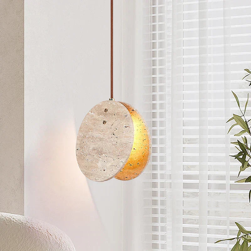 Kirena Pendant Lamp — Travertine Ceiling Fixture, Crystal Cylinders