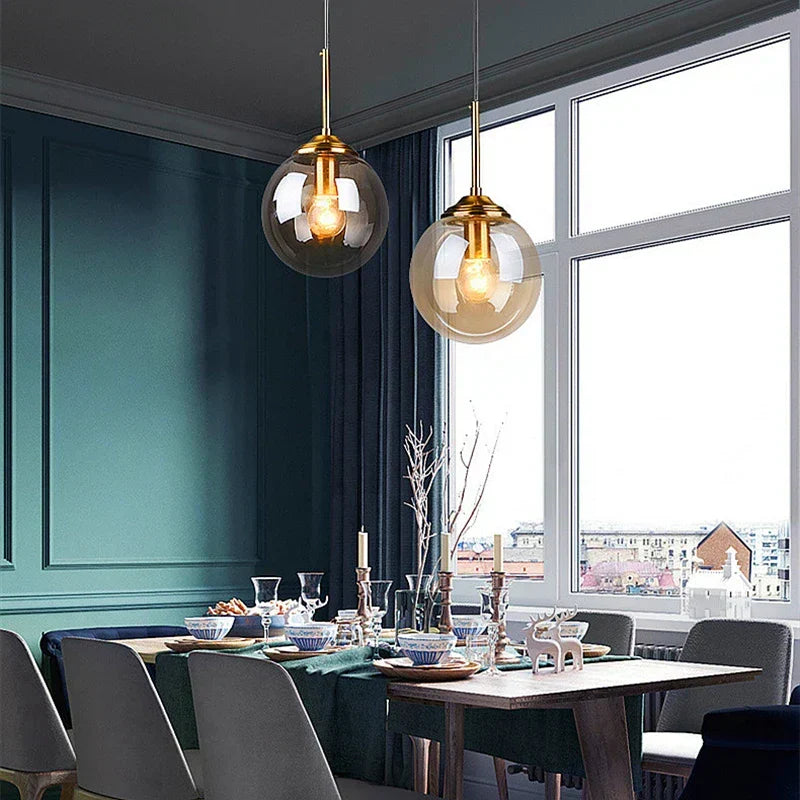 Modern Nordic Glass Globe Pendant Light | Amber, Smoke Grey, Clear Glass | Wildoxy