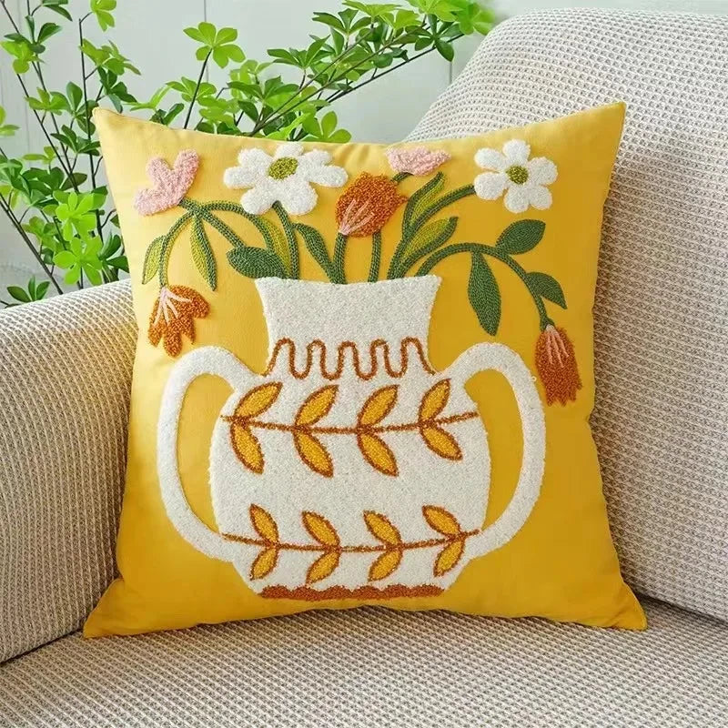 Kissenbezug aus Baumwoll-Canvas, 45x45cm — Weiße Blumenstickerei
